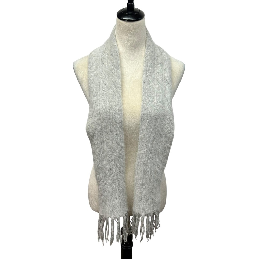 Rabbit Hair Wool Scarf Gray Fuzzy Knit Fringe Soft Cozy Winter Wrap Quiet Luxury